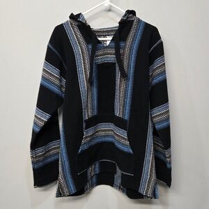 Senor Lopez Baja Hoodie Men Large Black Blue Stripe Hippie Festival Boho Western